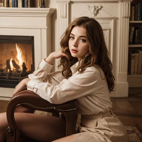 Sophia Lillis, Thick Women, Long Wavy Hair, Photo quality, Eyeshadow and lipstick, Portrait Pose, sitting in an elegant study chair next to the fireplace