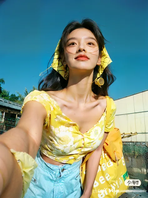 Arapa woman taking a selfie with a bag in her hand, wearing a yellow top, wearing a yellow floral blouse, yellow, yellow theme wavy hair, 1950s atmosphere, aesthetics of 5 0, selfie of young woman, with yellow cloths, Best Face, bright and sunny, wearing y...