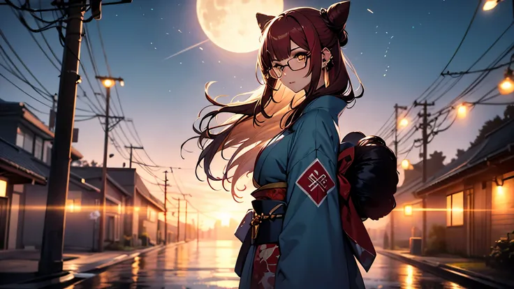 (1girl:1.3), Masterpiece, Best quality, amazing beauty, [[3D]], 4K, absurdres, finely detail, super detailed eye, perfect anatomy, official art, cinematic lighting, BREAK, Night of the full moon, field, silky bun hairstyle, blunt bangs, red hair, super shi...