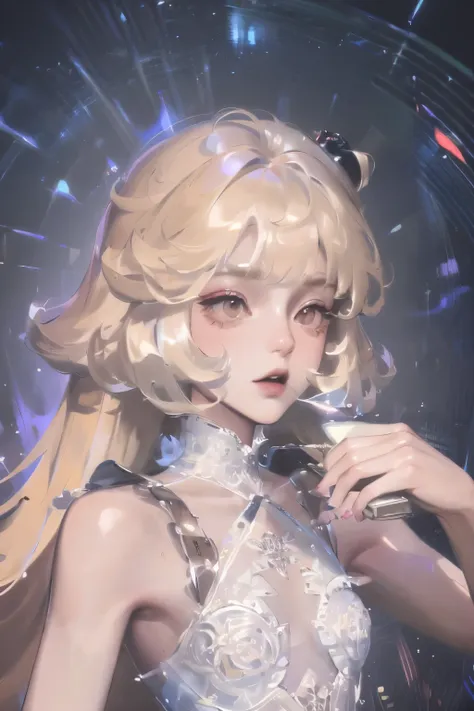 masterpiece, best quality, Very detailed, High resolution, HDR,, Joe Bit, what is, not feeling good,, 1 Girl, Solitary, Bangs, Bare shoulders, breast, Brown eyes, Clamps (Circle) (style), Platinum blonde hair, Very long hair, ear, small