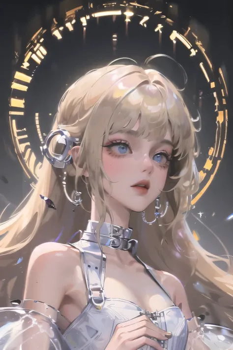 masterpiece, best quality, Very detailed, High resolution, HDR,, Joe Bit, what is, not feeling good,, 1 Girl, Solitary, Bangs, Bare shoulders, breast, Brown eyes, Clamps (Circle) (style), Platinum blonde hair, Very long hair, ear, small