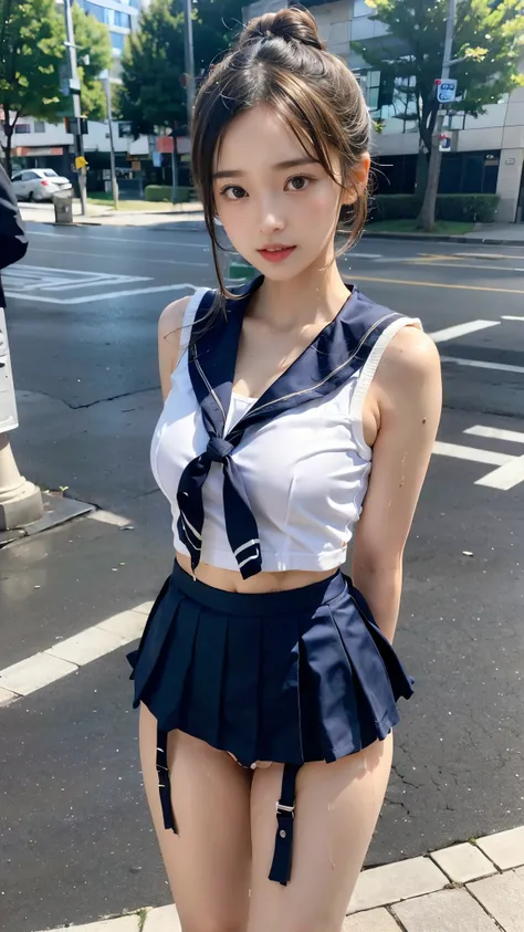 (((Sailor suit, mini skirt))), ((The body of a 14-year-old beautiful girl)), Hair, Smooth and shiny hair, (Twin bun hairstyle:1.3), (Beautiful Skin), (Slender body line), , delicate, 8th life, Medium breast, (Perfect Anatomy:1.4), (Detailed eyes and face:1...