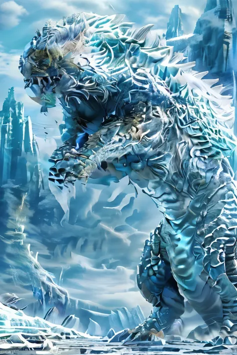 a large, reptilian monster named frostfrill with blue-white icy scales covering its body. it has ice crystals growing from its b...