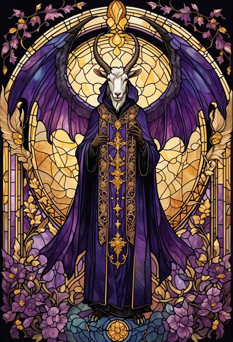 ultra-detailed illustration of stained glass, Art Nouveau, anthro goat, male goat with big demon wings, long horns, claws, priest, cassock, black robe with intricate golden embroidery, purple cape, symmetrical design stained glass, botanical pattern, golde...