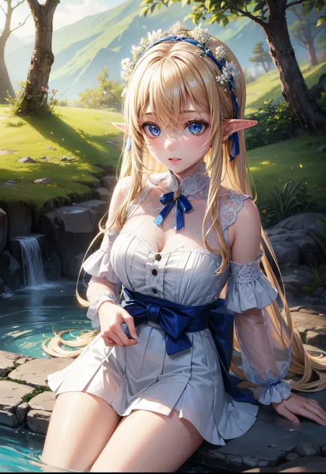 1 girl, (alone:1.3), ditch,((best quality)), ((masterpiece)), (detailed), perfect face, elf, young, hot spring, Outdoor activities, suit, holding one&#39;s legs, certainly(blue file), medium breasts,  blonde hair, braid, folded ponytail, Headband,,sexy 