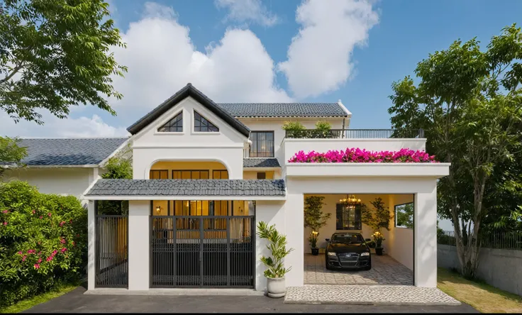 Raw photo,Masterpiece, high quality, best quality, authentic, super detail, exterior, outdoors, house style indochine, Many bougainvilleas along the road ,aiaigroup road,pavement, grass, trees, sky, cloud, (day:1.1), vivid colour