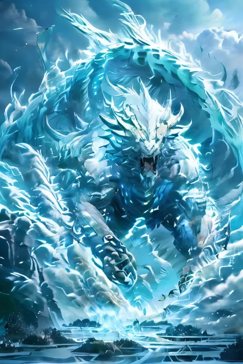 a large, reptilian monster named frostfrill with blue-white icy scales covering its body, in a dynamic hunting scene. frostfrill...