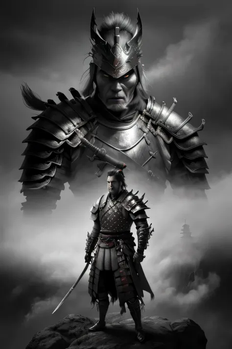 a samurai warrior, detailed facial features, intricate samurai armor, katana sword, standing in a misty japanese landscape, dram...