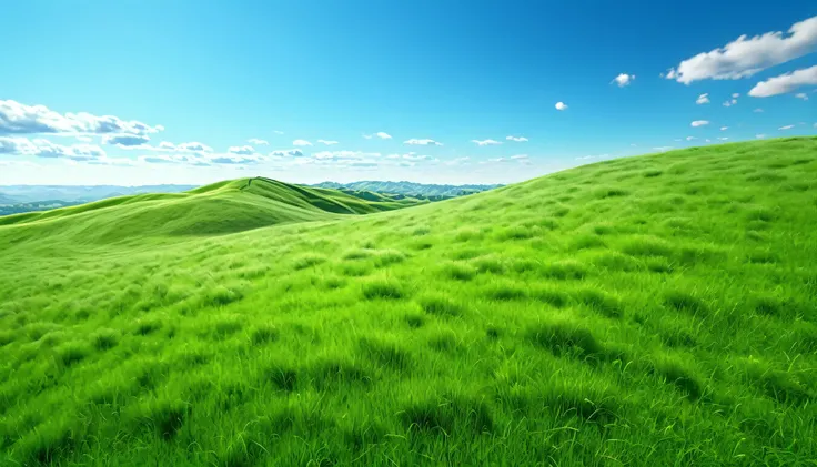 Flat Grassy meadows, hill with blue sky above, 8k photography, hyper realism, intricate details 