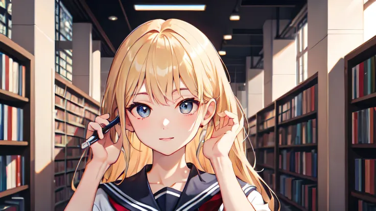 ((highest quality)), ((masterpiece)), (detailed), Perfect Face、library、Smooth Hair、blonde、Brush your hair back、Sailor suit、8K,HD
