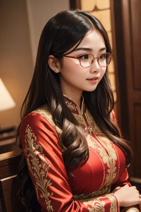 detailed face of photo. 20 year old white skin slim body Indonesian girl with a sweet  face,   round face chubby face and long brown wavy hair, round glasses wearing red long kebaya dress in wedding party 