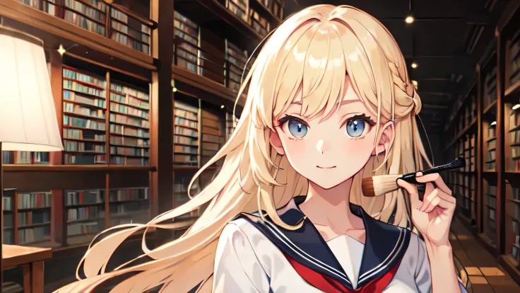 ((highest quality)), ((masterpiece)), (detailed), Perfect Face、library、Smooth Hair、blonde、Brush your hair back、Sailor suit、8K