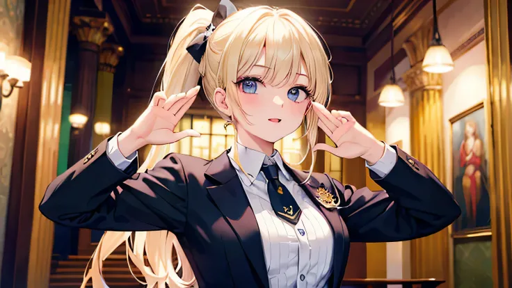 ((highest quality)), ((masterpiece)), (detailed), Perfect Face、Parliament、speech、Raise your arms、blonde、Smooth Hair、ponytail、business suit、shout、