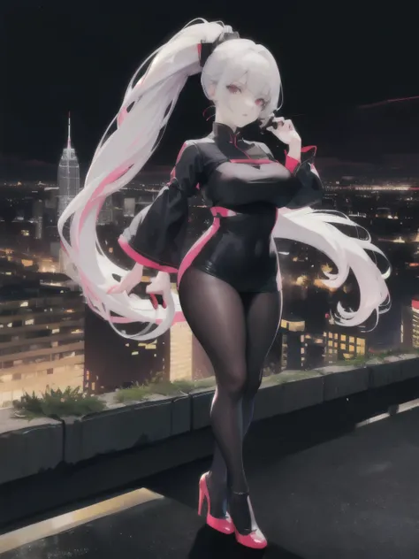 anime, (artwork, best quality, ultra-detailed, high contrast), 1 woman (Alone, full body, plus size body, standing on the edge of the skyscraper, silver hair, LONG In a ponytail, red eyes (detailed eyes), passionate expression, red lips (perfect lips), rub...