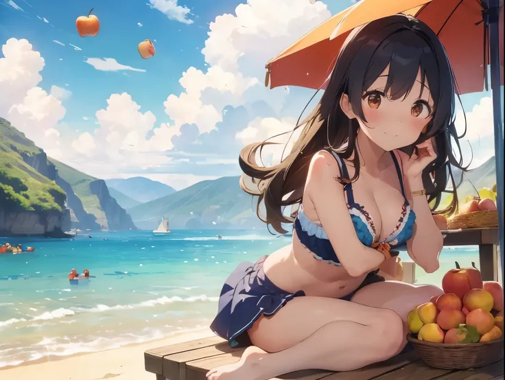 A cute frilly orange bra、Cute orange frilly underwear、barefoot、Sandy beach, cumulonimbus clouds, blue sky and apple house、An overflowing pile of mandarins, apples, muscat grapes, bananas and melon on top of the girl.