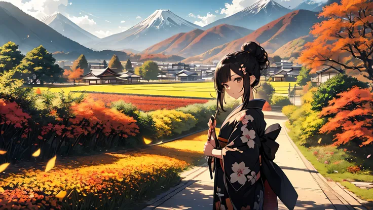 official art, beautiful woman, kyoto, paint kimono, black hair, topknot, flower Japanese hairpin, cowboy shot, outdoors, Autumn, colored leaves, flower fields, paths, mountains changing colors in the distance