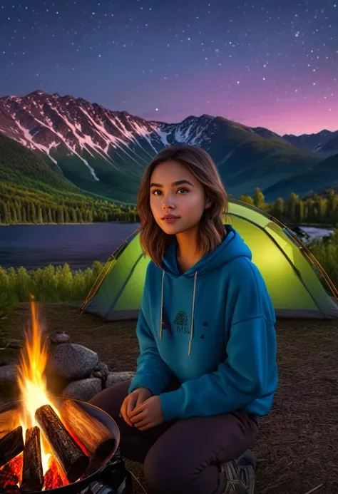 a beautiful girl camping in a forest, night，starry sky，aurora，(1girl:1.2), detailed face, beautiful eyes, full lips, long eyelas...