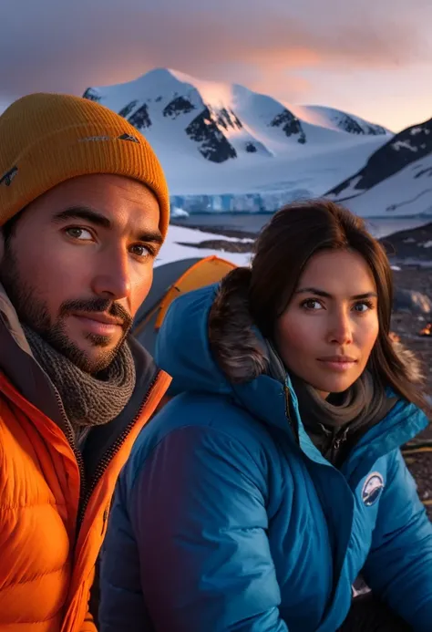 Beautiful couple camping in Antarctica,, Face Detail, Beautiful Eyes, Plump Lips, Long Eyelashes, (Antarctica Camping:1.3), Outdoor Camping, Camping Tent, Camp Fire, Snowy Mountains, Penguins, Mountains, Sunset, Warm Lighting, (best quality,8k,highres,mast...