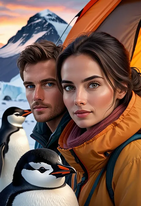 Beautiful couple camping at night in Antarctica,, Face Detail, Beautiful Eyes, Plump Lips, Long Eyelashes, (Antarctica Camping:1.3), Outdoor Camping, Camping Tent, Campfire, Snowy Mountains, Penguins, Mountains, Sunset, Warm Lighting, (best quality,8k,high...