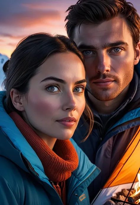 Beautiful couple camping at night in Antarctica,, Face Detail, Beautiful Eyes, Plump Lips, Long Eyelashes, (Antarctica Camping:1.3), Outdoor Camping, Camping Tent, Campfire, Snowy Mountains, Penguins, Mountains, Sunset, Warm Lighting, (best quality,8k,high...