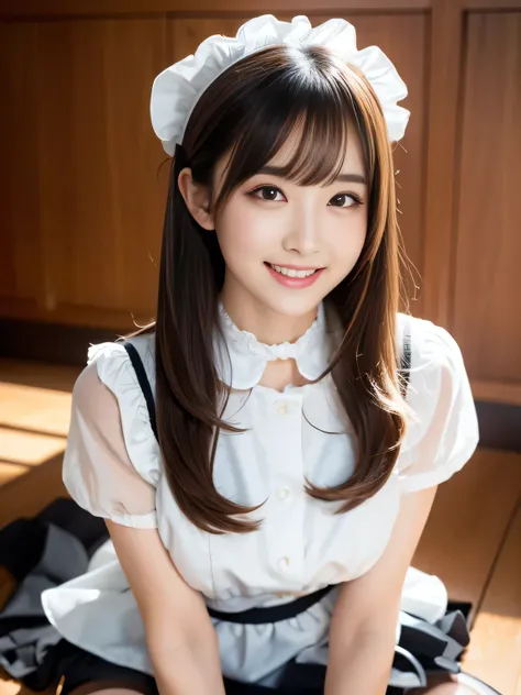 masterpiece、One girl per photo、Thighs、stockings、Full Body Shot、Front view、Young and beautiful woman in Japan、Wearing a cute short-sleeved satin silver black maid outfit、With a big smile、White ruffled headband、White frilly apron、Black choker、Charming person...