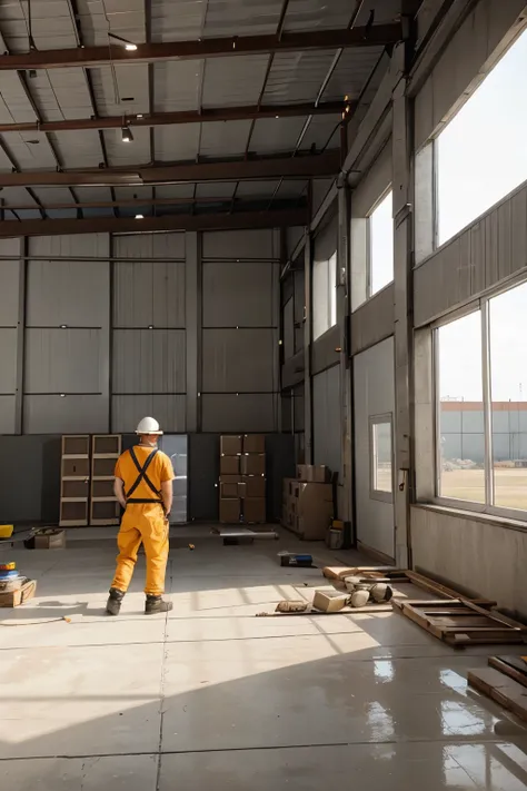 Men in construction clothes building a warehouse 