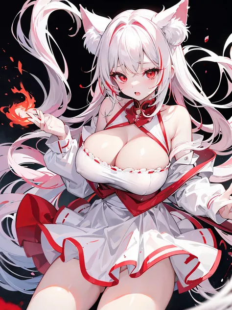 长发white发，Lovely，Red eyes，Cat ears，My face is red，Flow，Make a sound，Panting， Huge breast cleavage，white，spread your legs，The skirt is pulled up，Leakage in the lower body