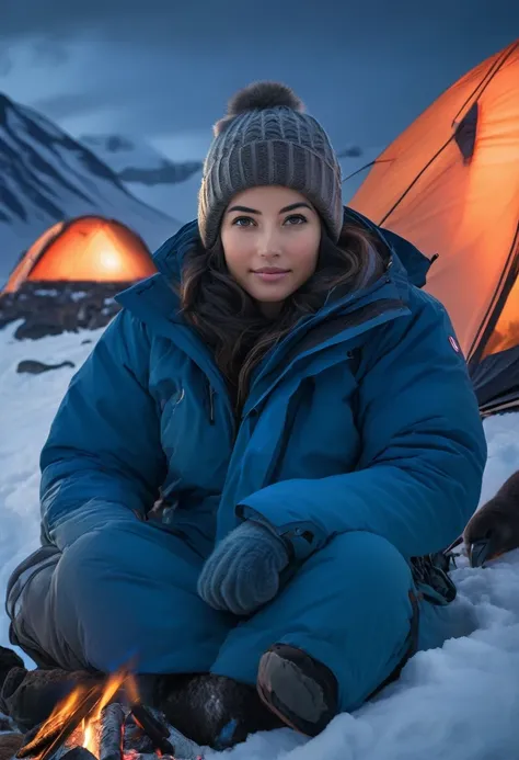 Beautiful couple camping at night in Antarctica,, Face Detail, Beautiful Eyes, Plump Lips, Long Eyelashes, (Antarctica Camping:1.3), Outdoor Camping, Camping Tent, Campfire, Snowy Mountains, Penguins, Mountains, Sunset, Warm Lighting, (best quality,8k,high...