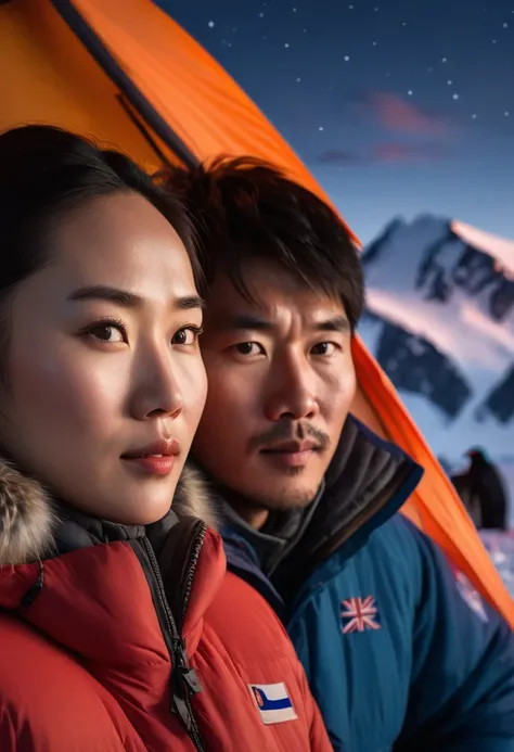 Beautiful Chinese couple camping at night in Antarctica,, Face Detail, Beautiful Eyes, Plump Lips, Long Eyelashes, (Antarctica Camping:1.3), Outdoor Camping, Camping Tent, Camp Fire, Snowy Mountains, Penguins, Mountains, Sunset, Warm Lighting, (best qualit...