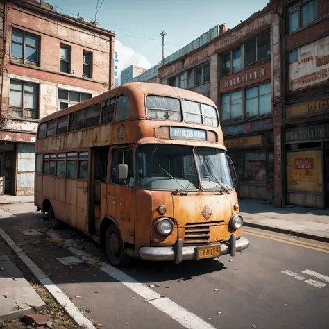 rusty bus parked in front of a building with a sign on it, alexey egorov, rendered in cinema 4 d octane, highly detailed hyper r...