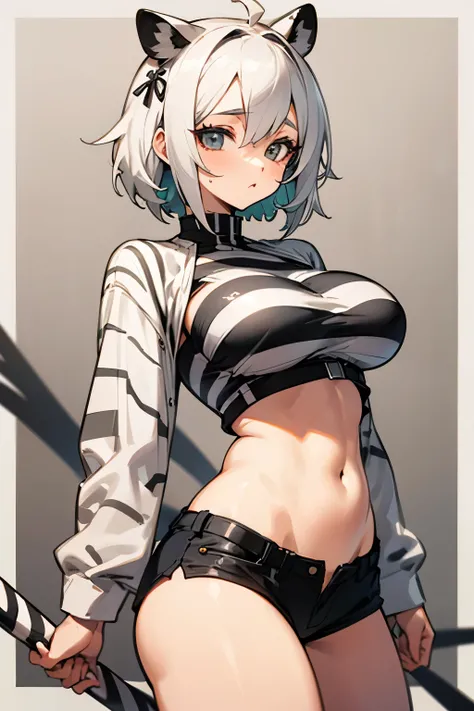 Girl, zebra, short white hair, zebra ears, black and white striped clothes like a zebra, big breasts, exposed stomach, short shorts, zebra skin bikini