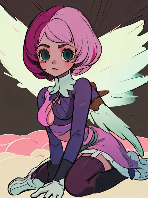 Alisa bosconovitch, melhor qualidade, contemporary, estilo plano, minimalismo, Ilustra??o plana de olhos verdes, cabelo rosa, cabelo curto, cabelos multicoloridos, Camisa Preta, mechanical wings, Close-U head portrait, peito pontudo, decote, super decote, ...