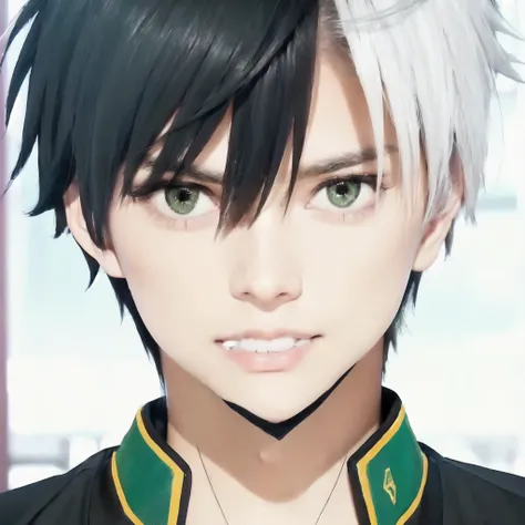 Guy with black hair and white hair wearing a green and yellow uniform, high school handsome guy, realistic