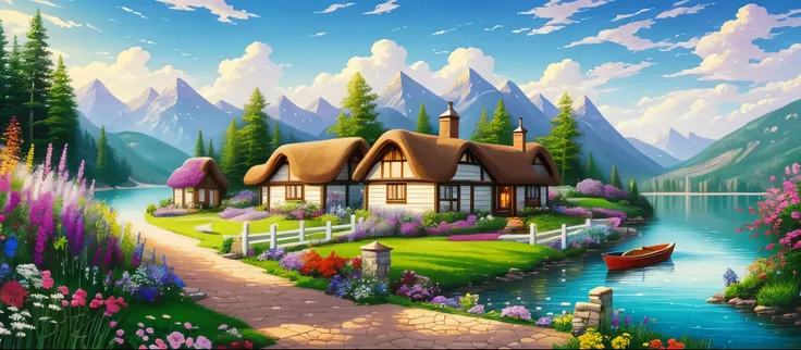 painting of a cottage, flowers beside of fence, fence along the road,  mountain landscape with a lake and a boat, illustration matte painting,  inspired by Thomas Kinkade, symmetric matte painting, detailed scenery , style raw, 8 k ultra detailed