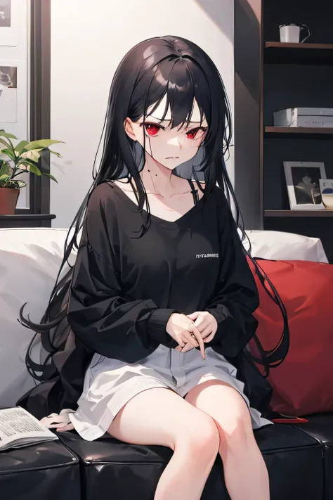 The girl with long black hair and red eyes was sitting on the sofa with a very embarrassed and slightly annoyed facial expression and wearing casual clothes.