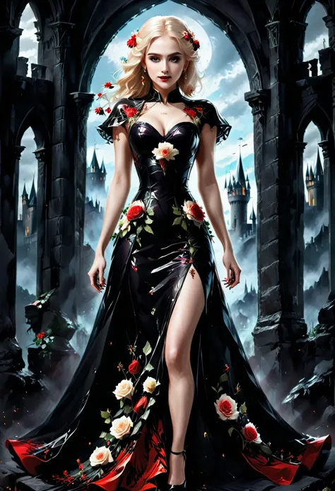 Dark fantasy art, fantasy art, goth art, a picture of a female vampire, exquisite beauty, full body shot, dark glamour shot, pale white skin, blond hair, long hair, wavy hair, (glowing grey: 1.3) eyes, she wears a (red: 1.5) ((red)) dress, ArmoredDress...