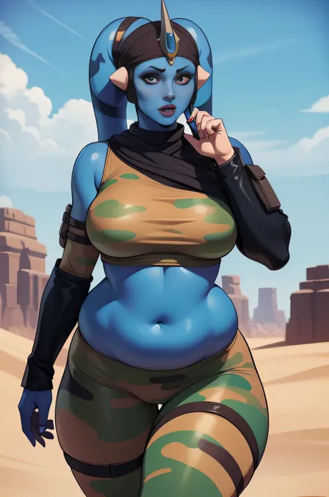 twi'lek, 1woman, blue skin, smuggler outfit, desert camo. chubby, curvy, two long lekku, embarrassed, overweight, chubby belly, ...