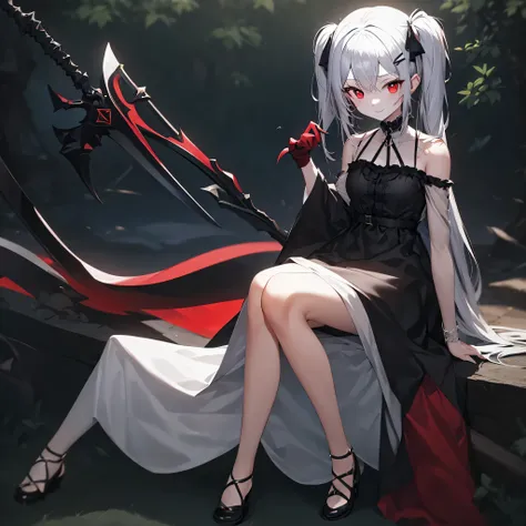 The vampire girl in the novel,white hair red eyes,Twintail hair,Sitting on a death-sized scythe,Attach a red bat wing shaped hair clip.,Wear a white dress mixed with black.