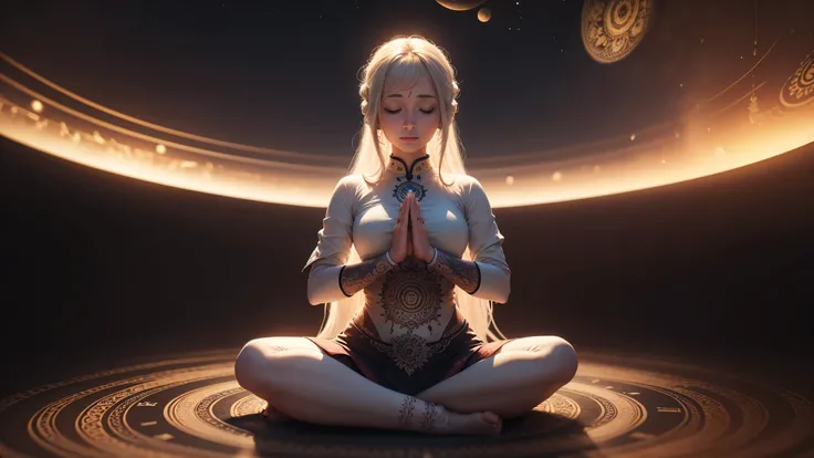 A woman meditating with her hands together　Mandala espacial em fundo