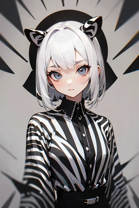 Girl, zebra, short white hair, zebra ears, black and white striped clothes like a zebra,