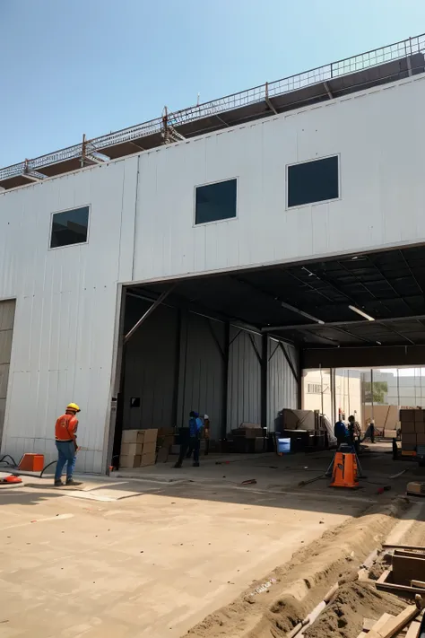 Men working on the construction of a metal structure warehouse that is not yet complete 