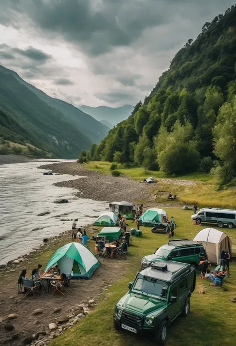 Outdoor Camping，Rivers and streams, green off-road vehicles, driving at high speeds in the water. There are white tents and camping tables on the grassy beach by the river, a group of young people happily gathering, a campfire, a joyful camping atmosphere,...