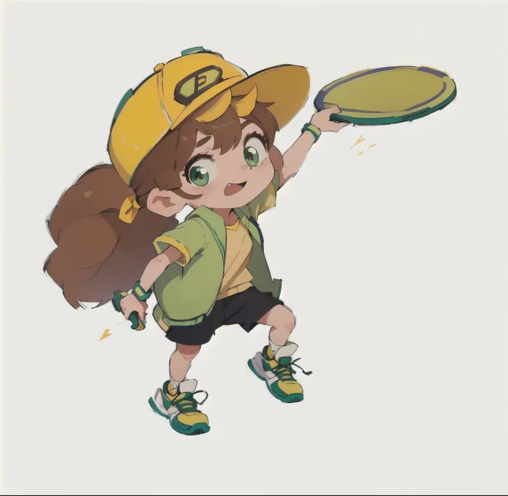 cartoon girl with a yellow hat and green shirt catching a frisbee, a girl playing tennis, the anime girl is running, girl running, madeline from celeste, carrying a tray, character with a hat, girl is running, female explorer mini cute girl, various pose, ...