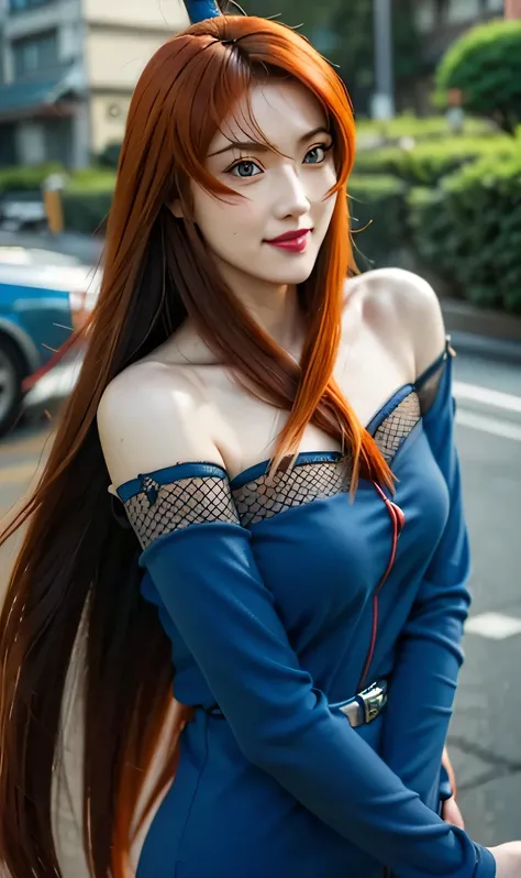 (female,anime,Anime Shippuden,Mei Terumi:1.1),(long hair,orange hair),(green eyes,beautiful detailed eyes,realistic eyes:1.1),(smile,beautiful detailed smile:1.1),(blue clothes,realistic clothes),(city background,urban scenery),(ultra detail,extremely deta...