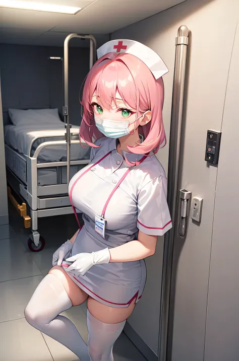 1woman, solo, nurse, white nurse cap, white nurse uniform, ((white legwear, zettai ryouiki)), white gloves, pink hair, green eye...