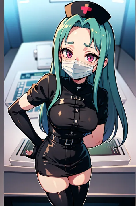 black nurse, 1woman, solo, black nurse cap, black nurse uniform, ((black legwear, zettai ryouiki)), black elbow gloves, forehead, long hair, green hair, pink eyes, ((black surgical mask, covered nose)), standing, ((surgery room)), sharp outline, short slee...