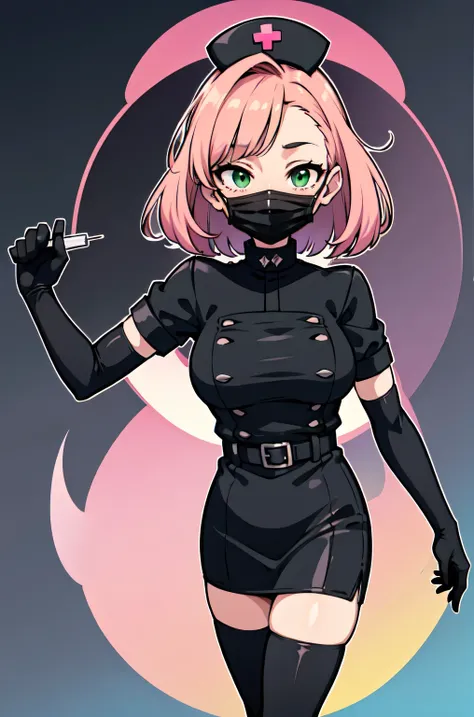 black nurse, 1woman, solo, black nurse cap, black nurse uniform, ((black legwear, zettai ryouiki)), black elbow gloves, pink hair, green eyes, drooping eyes, ((black surgical mask, covered nose)), standing, ((surgery room)), sharp outline, short sleeves, m...