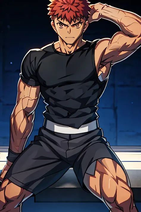 Shirou is sitting and flexing his biceps. He wears black shorts. You can see his thighs. He looks stoic and serious. He has bulging veins on his arms. He wears a black tshirt. His sleeve is completely rolled up so you can see his entire arm and shoulder.