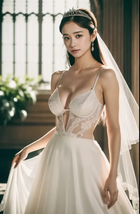 naked,full body like," figure, bride's outfit without shoulder straps,small silver tiara,colossal tits,sloppy and droopy breasts...