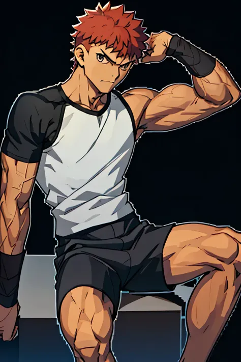 Shirou is sitting and flexing his biceps. He wears black shorts. You can see his thighs. He looks stoic and serious. He has bulging veins on his arms. He wears a black tshirt. His sleeve is completely rolled up so you can see his entire arm and shoulder.